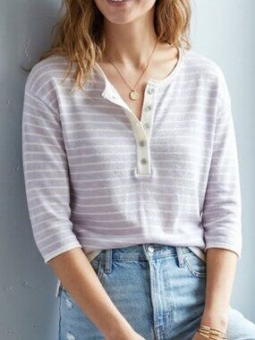 Gentle Fawn Women's Sz XS‎ Purple Linen Striped Henley Short Sleeve T-Shirt Top